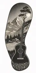 A mountain landscape with a hiking trail winding through it and a guitar leaning against a tree tattoo design idea