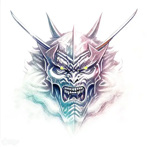 A fierce demon warrior wielding a sword in a fantasy RPG setting tattoo design idea