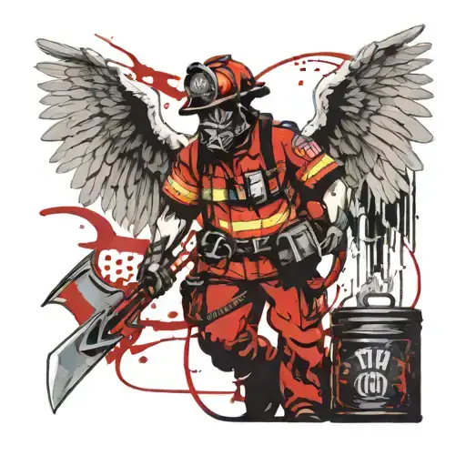 Firefighter skeletone with angel wings holding iron tools, at the backround resisdential file tattoo design idea