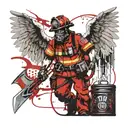 Firefighter skeletone with angel wings holding iron tools, at the backround resisdential file tattoo design idea