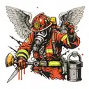 Firefighter skeletone with angel wings holding iron tools, at the backround resisdential file tattoo design idea