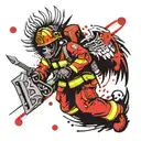 Firefighter skeletone with angel wings holding iron tools, at the backround resisdential file tattoo design idea