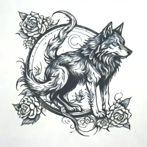 Dark wolf feeling relaxed after getting hurt so bad and is now full of darkness. wolf's mirror half is celestial nymph  tattoo design idea