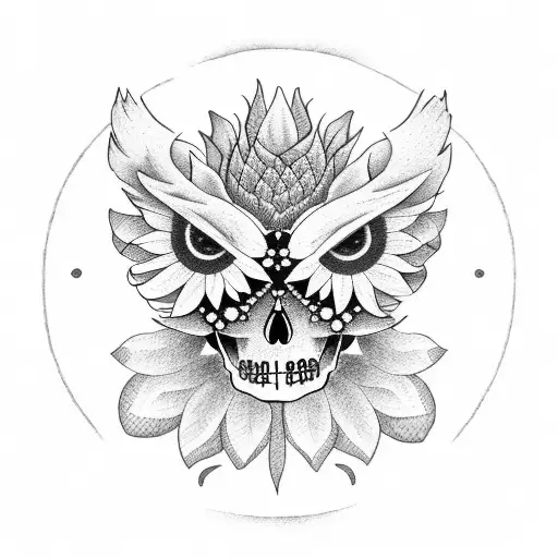 sugar skull with sunflower, dragonfly,owl, rooster tattoo design idea