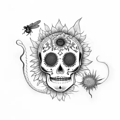 sugar skull with sunflower,dragonfly,frog,rooster,tree, Dino tattoo design idea