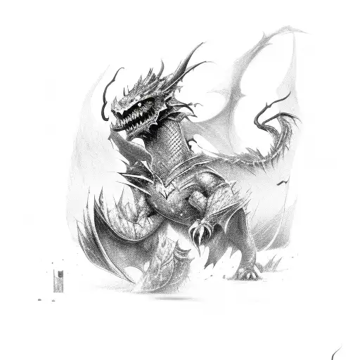 dark fantasy, knight fighting dragon, black and white,  tattoo design idea