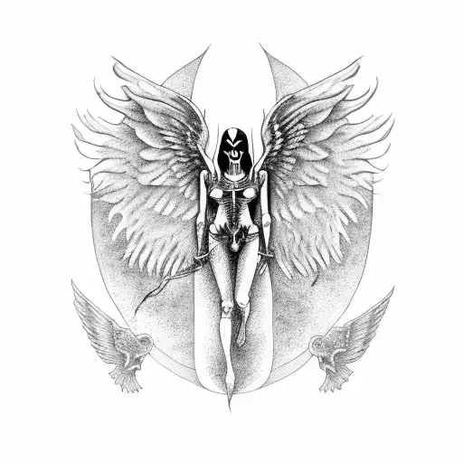 Fallen angel with wings, 666, Devil, Skeleton, God, Egypt tattoo design idea