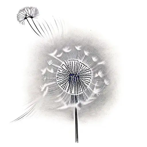 Design a tattoo of a dandelion releasing its seeds in the wind, with the words 'Spread Joy' beneath it,  tattoo design idea