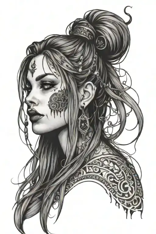 evil girl face with long hairs, dark decorations and piercings tattoo design idea