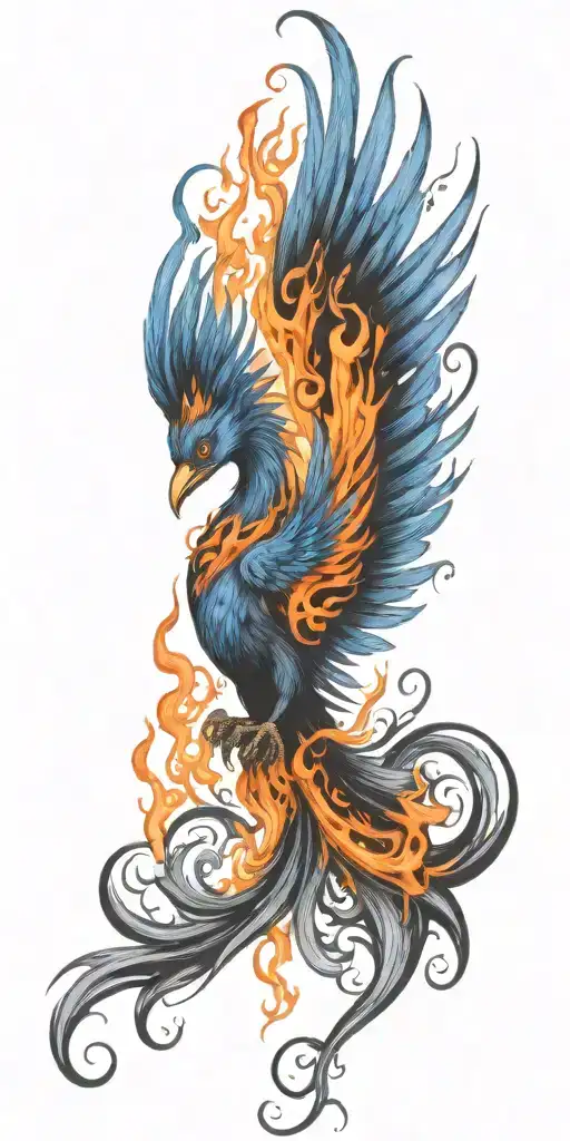 Blue Phoenix rising from flames surrounding tattoo design idea