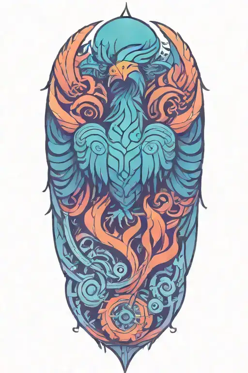 A phoenix with wings made of interconnected gears, symbolizing the interconnectedness of technology and nature tattoo design idea