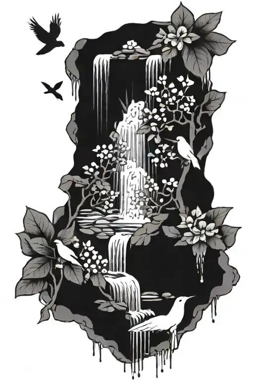 A dotwork tattoo of a peaceful waterfall with birds and flowers cascading down in a tranquil scene tattoo design idea