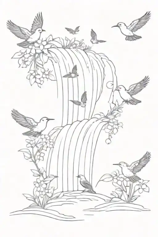 A dotwork tattoo of a peaceful waterfall with birds and flowers cascading down in a tranquil scene tattoo design idea