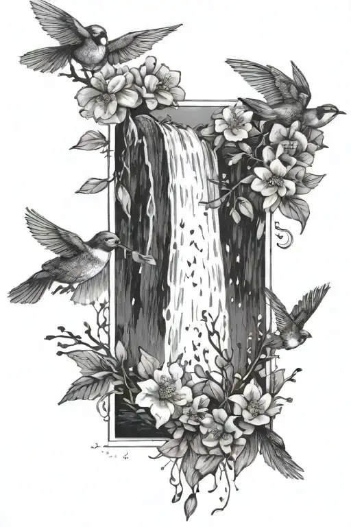 A dotwork tattoo of a peaceful waterfall with birds and flowers cascading down in a tranquil scene tattoo design idea