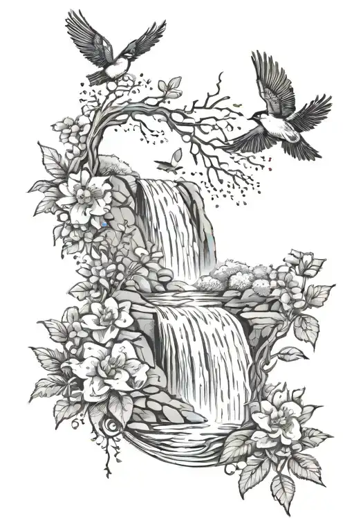 A dotwork tattoo of a peaceful waterfall with birds and flowers cascading down in a tranquil scene tattoo design idea