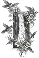 A dotwork tattoo of a peaceful waterfall with birds and flowers cascading down in a tranquil scene tattoo design idea