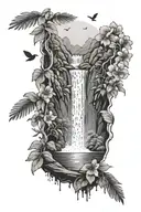 A dotwork tattoo of a peaceful waterfall with birds and flowers cascading down in a tranquil scene tattoo design idea
