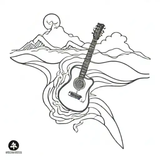 A minimalist tattoo of a guitar with ocean waves and mountain peaks intertwined, inspired by the client's favorite album and passions for music, the sea, and the mountains tattoo design idea