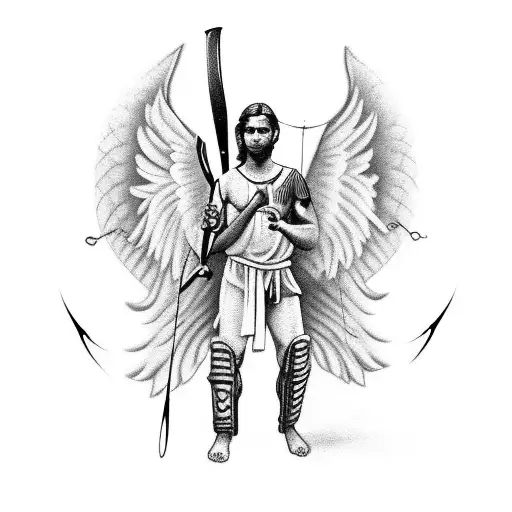 Angel tattoo with angel wings as fishing hooks. In one hand middle finger up. In the other hand cricket bat while one fo tattoo design idea