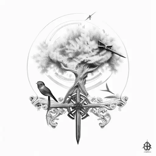 cross, angel,fish,tree, sword, Greek, birds, plants tattoo design idea