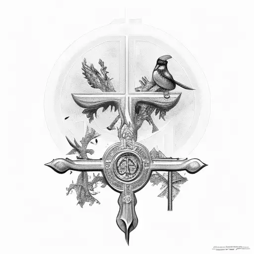 cross, angel,fish,tree, sword, Greek, birds, plants tattoo design idea