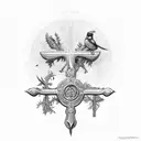 cross, angel,fish,tree, sword, Greek, birds, plants tattoo design idea