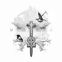 cross, angel,fish,tree, sword, Greek, birds, plants tattoo design idea