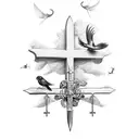 cross, angel,fish,tree, sword, Greek, birds, plants tattoo design idea