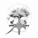 cross, angel,fish,tree, sword, Greek, birds, plants tattoo design idea