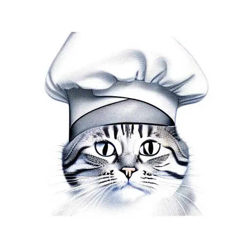 A realistic portrait of a cat wearing a chef's hat cooking in a Disney-themed kitchen tattoo design idea