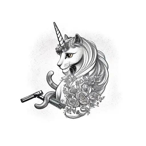 Cat with guns in hands riding a unicorn tattoo design idea