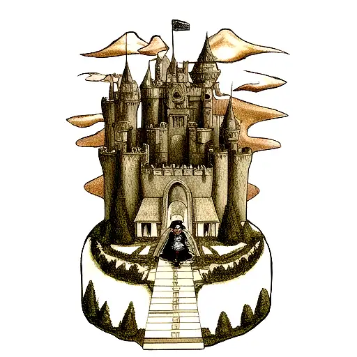 Guts from Berserk in Armour and Child of Light's Aurora Traveling towards a castle with a little boy tattoo design idea