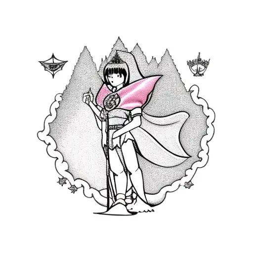 Guts from Berserk and Child of Light's Princess Aurora Traveling towards a castle with a little boy tattoo design idea