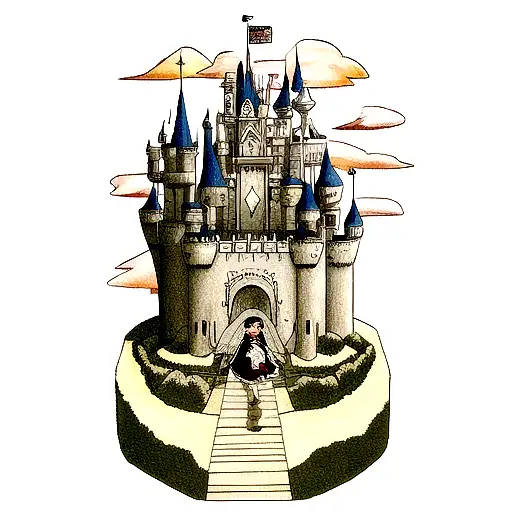 Guts from Berserk and Child of Light's Princess Aurora Traveling towards a castle with a little boy tattoo design idea