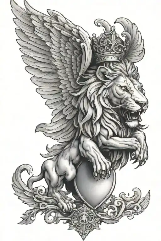A roaring lion head with angel wings wearing a crown, leaning its claws ontop of four shields  tattoo design idea
