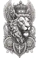 A roaring lion head with angel wings wearing a crown, behind four shields  tattoo design idea