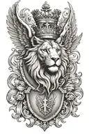 A roaring lion head with angel wings wearing a crown, behind four shields  tattoo design idea
