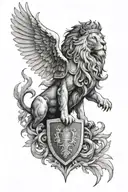 A roaring lion with angel wings wearing a crown, leaning ontop of four shields  tattoo design idea