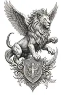 A roaring lion with angel wings wearing a crown, leaning ontop of four shields  tattoo design idea