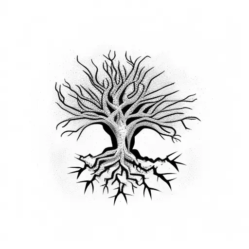 tree with roots and spikes making a crown king tattoo design idea