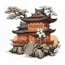 Japanese Temple with orquids tattoo design idea