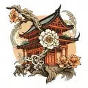 Japanese Temple with orquids tattoo design idea