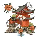 Japanese Temple with orquids tattoo design idea