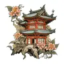 Japanese Temple with orquids tattoo design idea