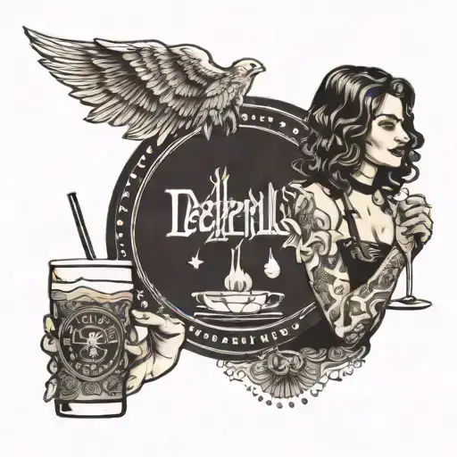A waitress serving drinks with a rock n' roll twist, incorporating Led Zeppelin symbols tattoo design idea