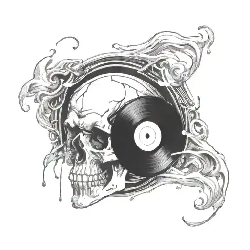 An abstract design of a vinyl record melting into a skull, symbolizing the timeless influence of rock music tattoo design idea