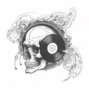 An abstract design of a vinyl record melting into a skull, symbolizing the timeless influence of rock music tattoo design idea