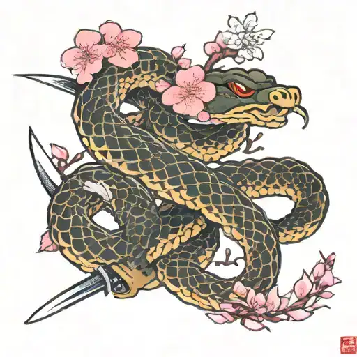 snake and sword with pink japanese flowers tattoo design idea