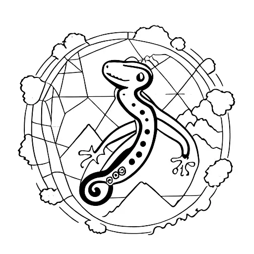 Incorporate a gecko climbing a mountain surrounded by universe planets tattoo design idea