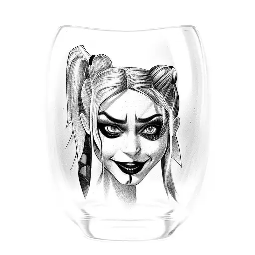 A Harley Quinn-inspired cocktail glass with a mix of colorful ingredients tattoo design idea